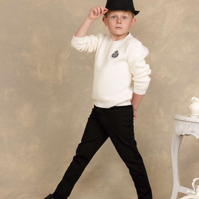 B24- Boys Off White Knit V-Neck Sweater