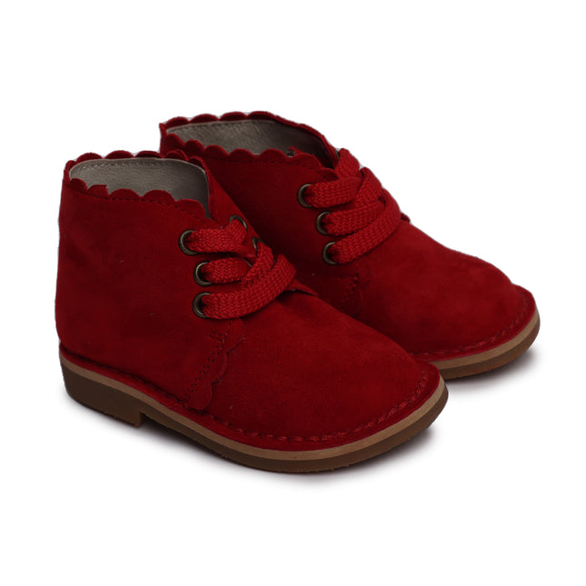 WBB-04 Red Suede Baby Shoes - Scalloped Booties for Infants & Toddlers